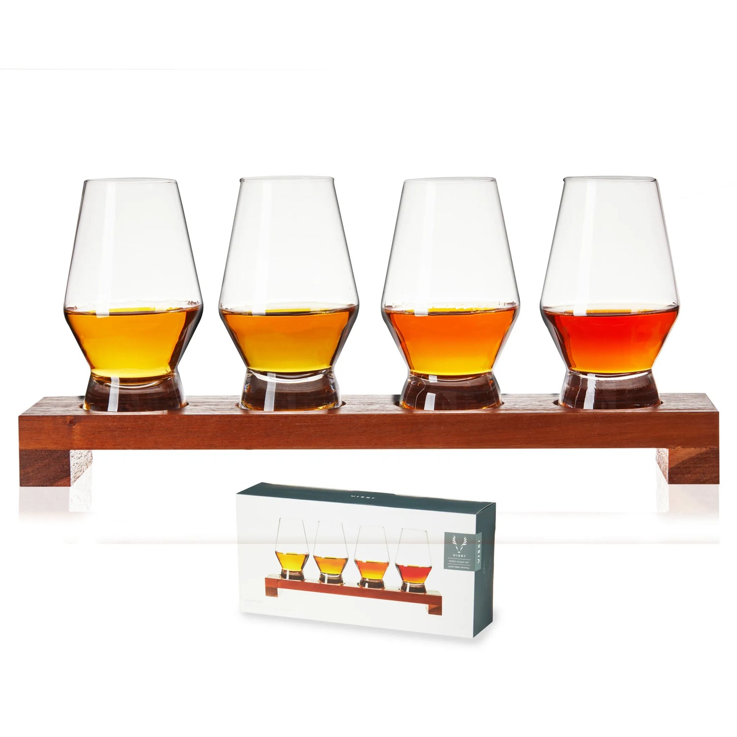 Premium whiskey tasting kit with 4 glasses on wooden stand.