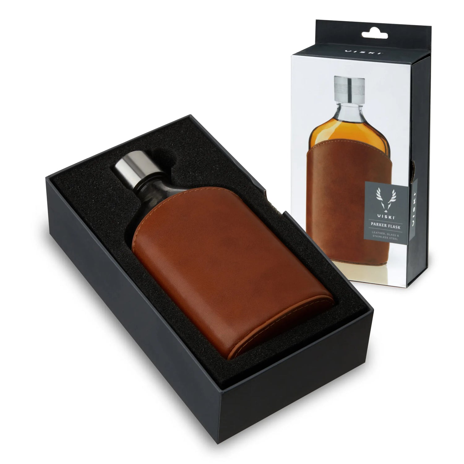 Elegant leather-wrapped whiskey flask gift set for groomsmen