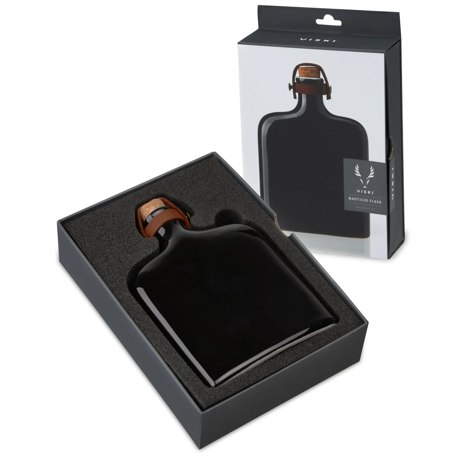 Sleek black whiskey flask gift set with premium packaging for Dad