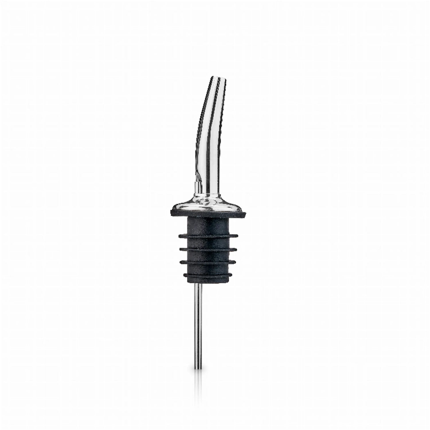 Sleek stainless steel whiskey pourer with black rubber stopper