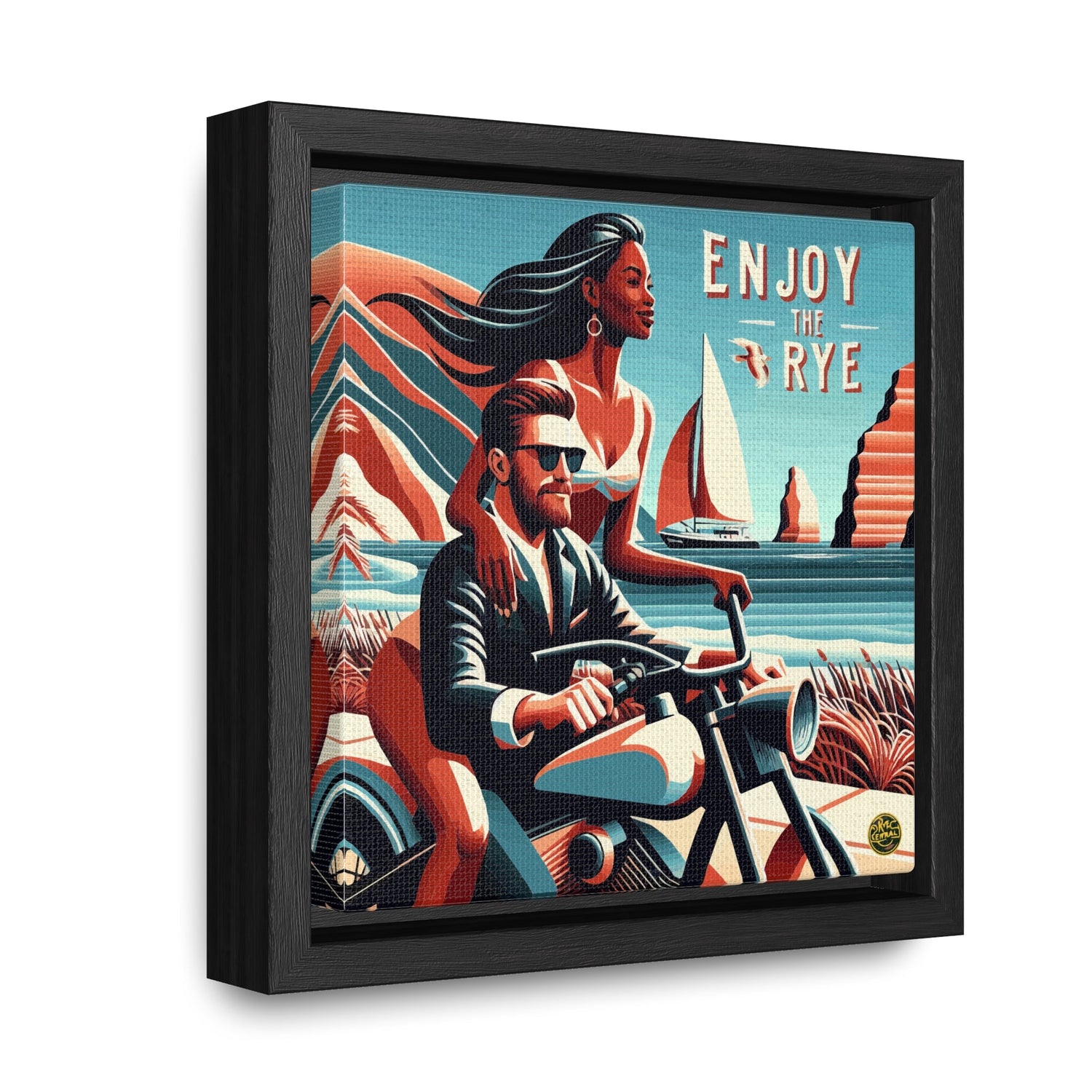 Stylish whiskey-themed wall art with couple riding motorcycle,Enjoy the Rye