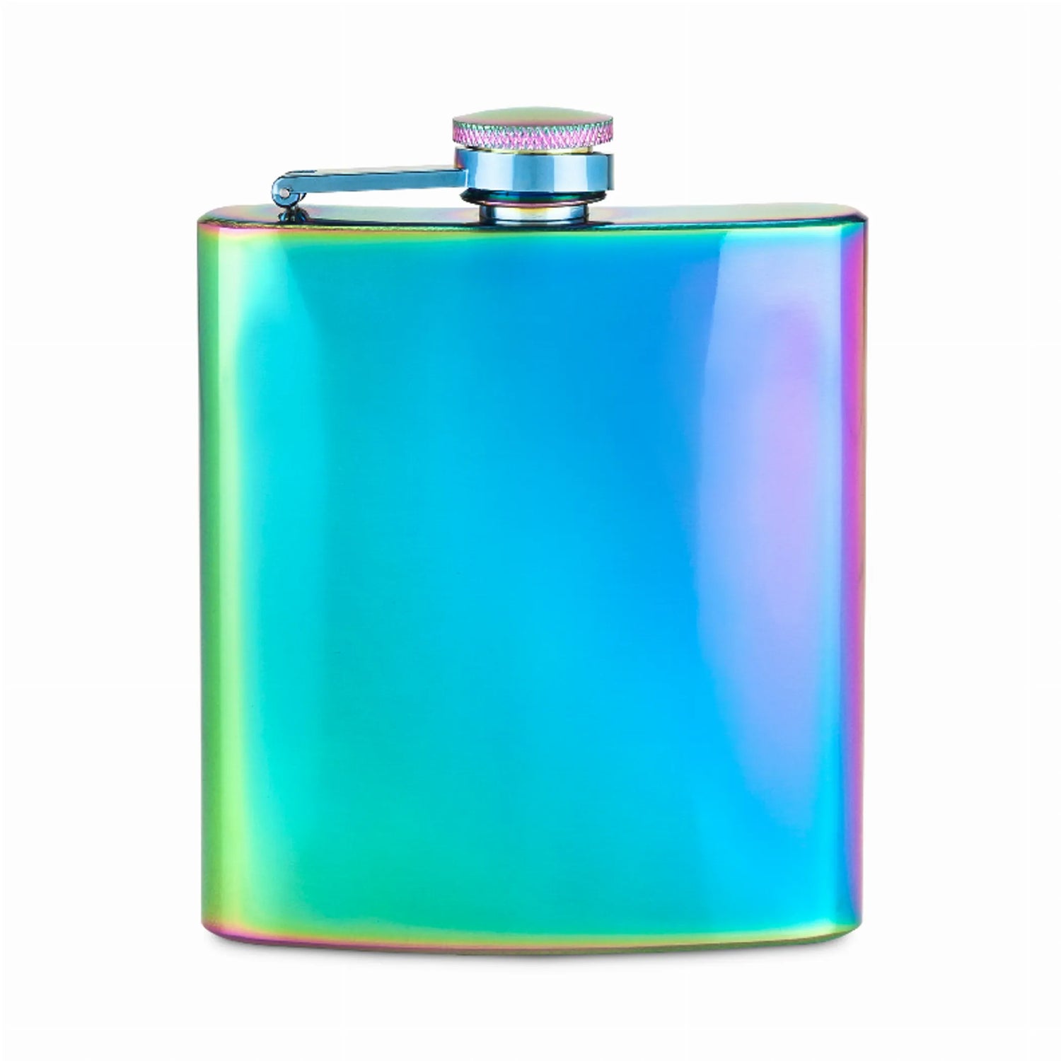 Iridescent rainbow stainless steel whiskey flask for women.