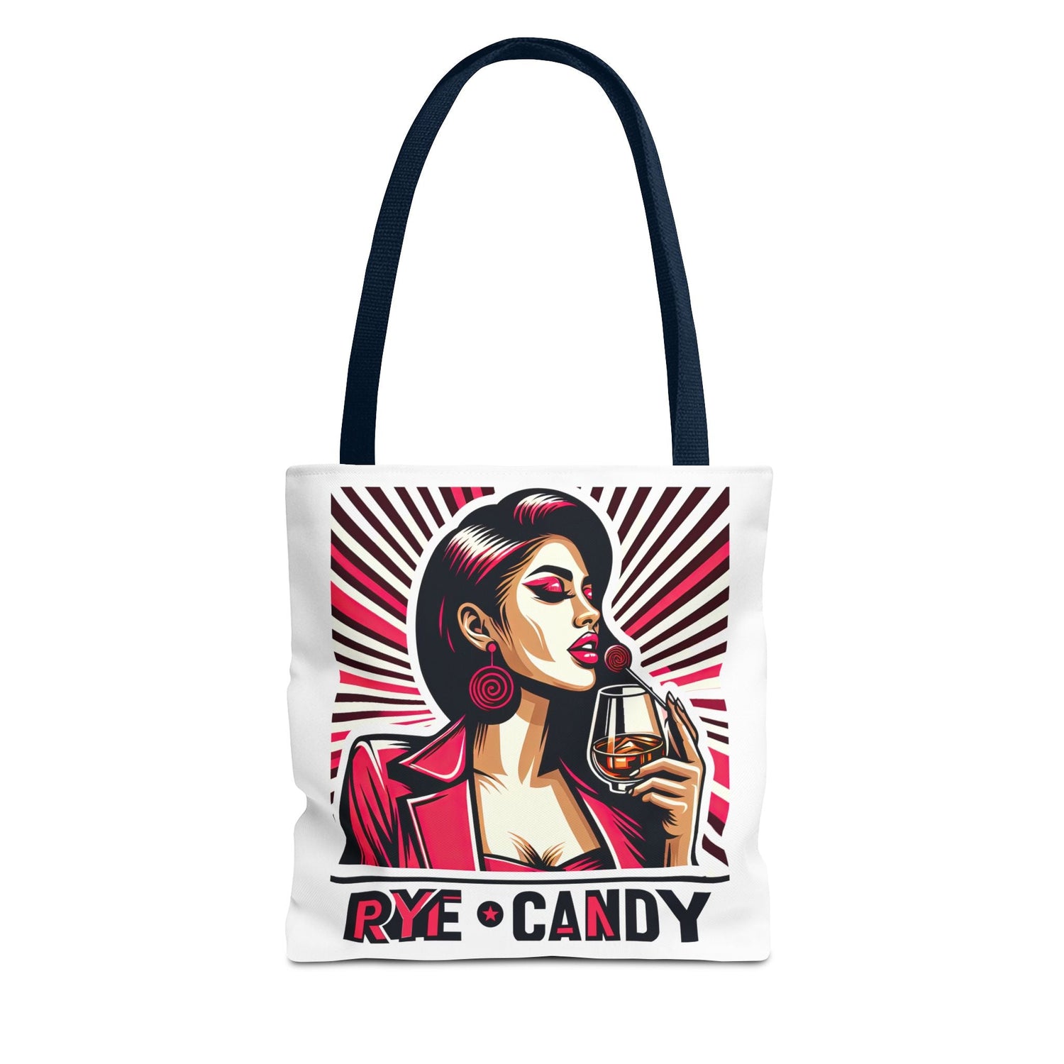 StylishRye Candy" tote bag featuring bold whiskey-themed artwork