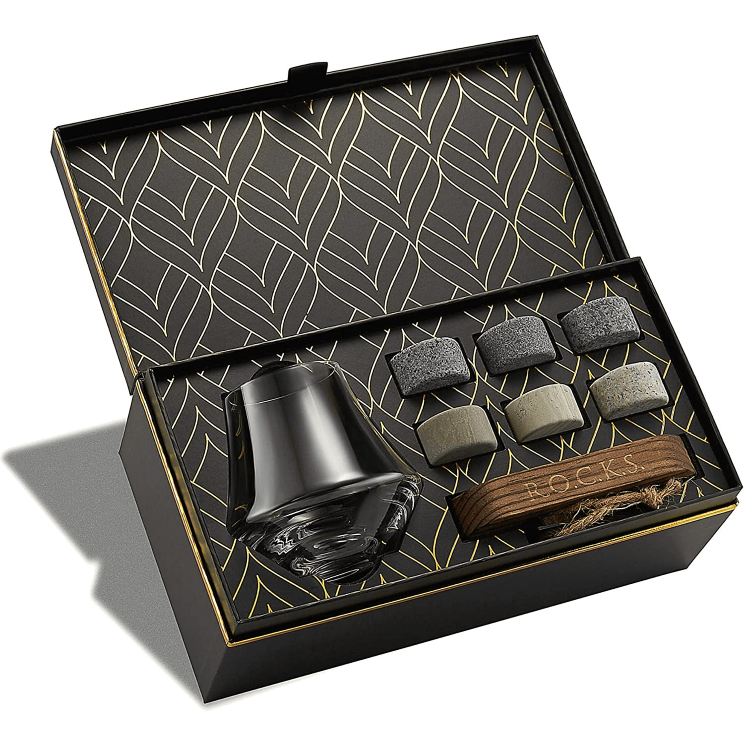 Elegant whiskey stones gift set with glass and wooden tongs
