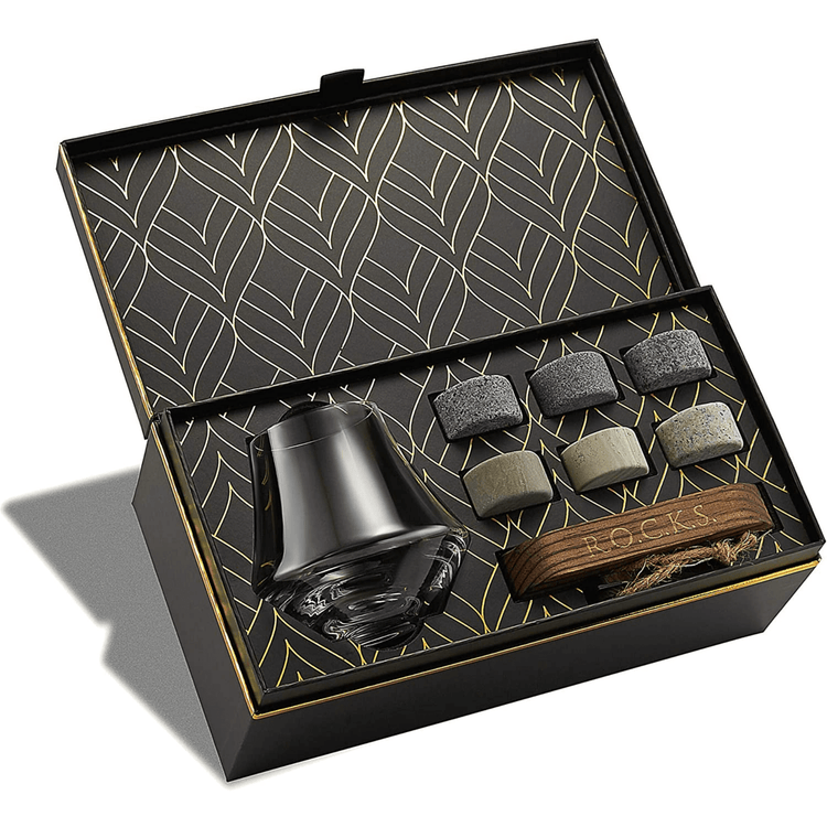 Elegant whiskey stones gift set with glass and wooden tongs