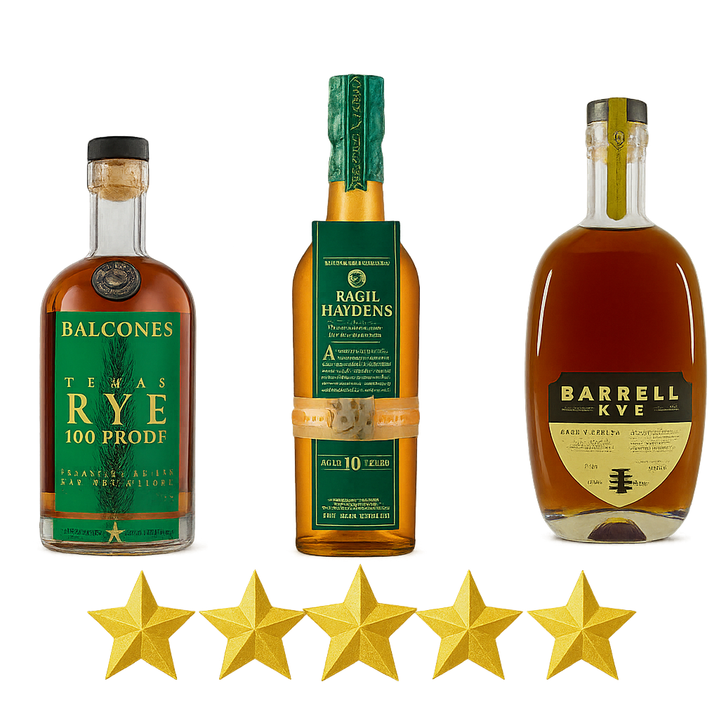 Top-rated rye whiskey brands for 2026 featuring Balcones, Ragil Haydens, and Barrell.