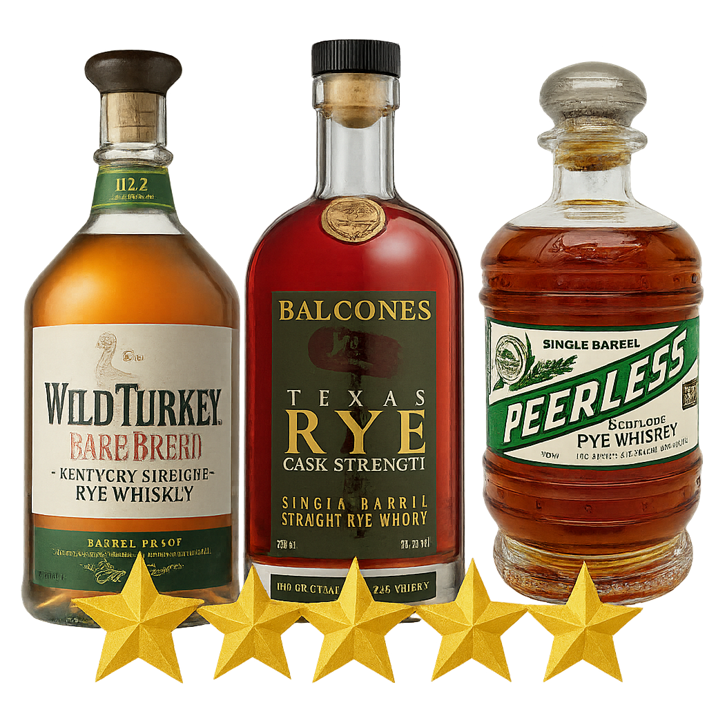 Top-rated strongest rye whiskeys featuring Wild Turkey, Balcones, and Peerless.