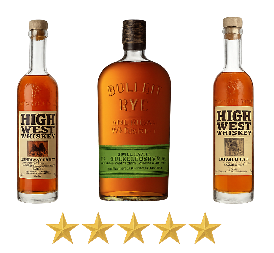 Best high rye mashbill whiskeys with Bulleit and High West bottles.