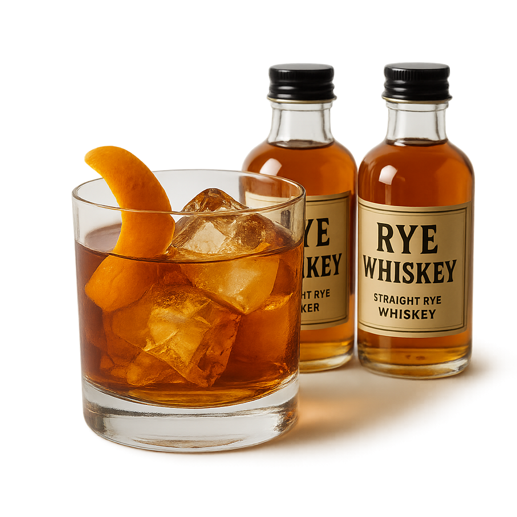 Premium rye whiskey bottles with Old Fashioned cocktail and orange twist.