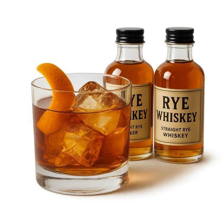 Premium rye whiskey bottles with Old Fashioned cocktail and orange twist.
