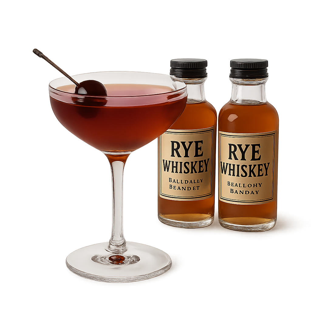 Premium rye whiskey bottles with a Manhattan cocktail and cherry garnish