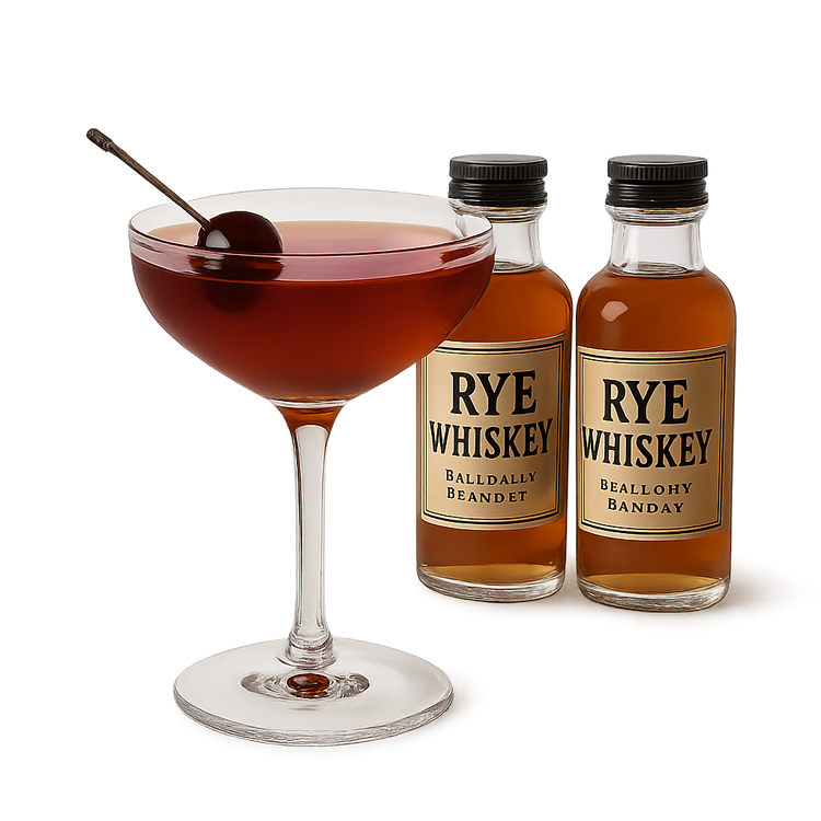 Premium rye whiskey bottles with a Manhattan cocktail and cherry garnish