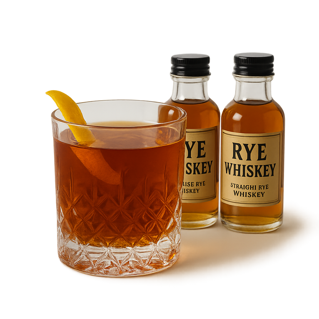 Premium rye whiskey bottles with a classic Sazerac cocktail.