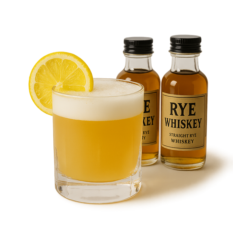 Classic Whiskey Sour with lemon garnish and premium rye whiskey bottles.
