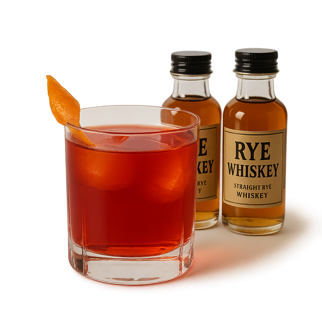 Bold Boulevardier cocktail with straight rye whiskey bottles.