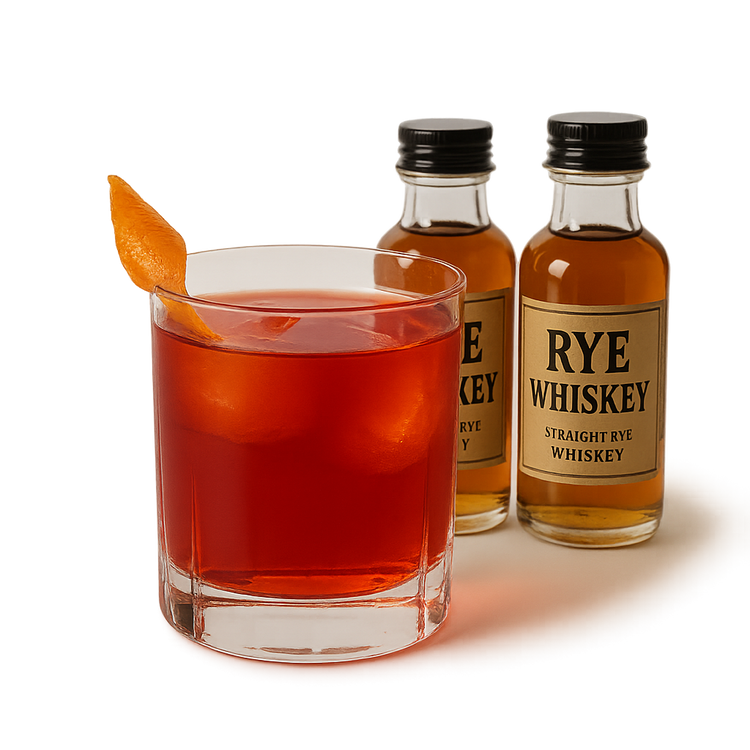 Bold Boulevardier cocktail with straight rye whiskey bottles.