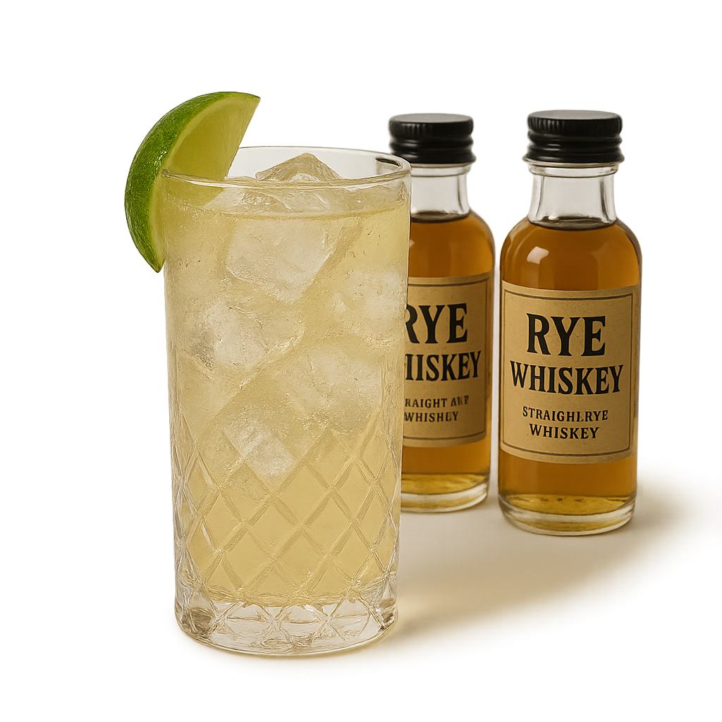 Refreshing rye whiskey highball with lime and mini whiskey bottles.