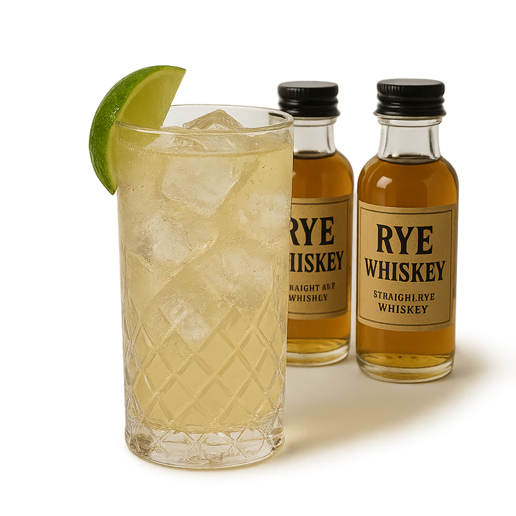 Refreshing rye whiskey highball with lime and mini whiskey bottles.