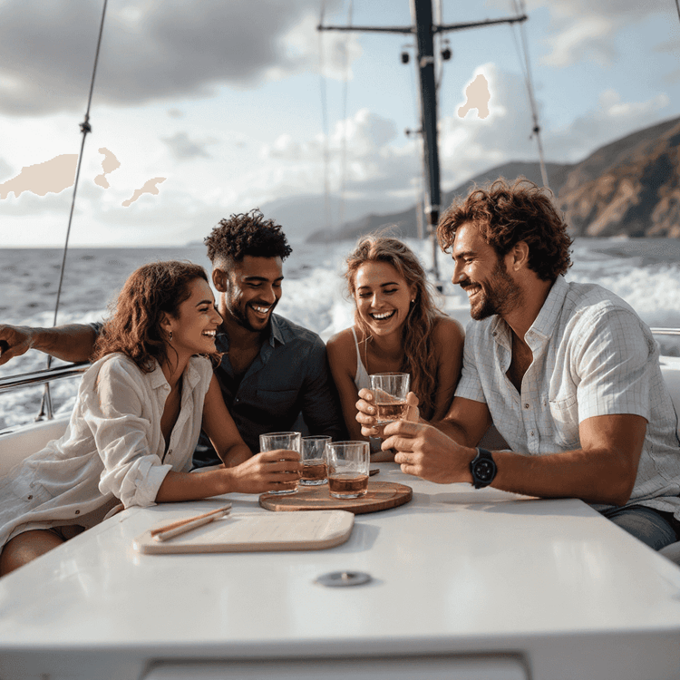 Four people on a boat enjoying Rye Whiskey