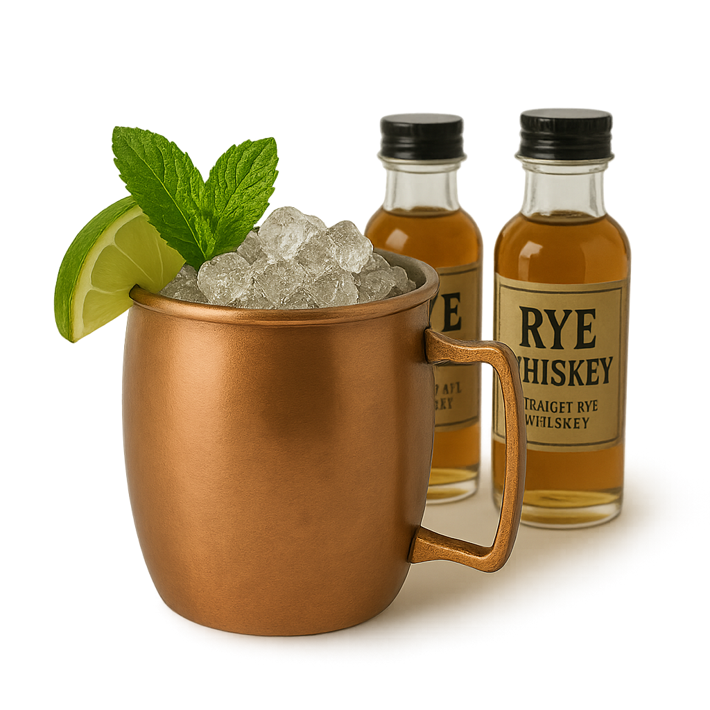 Copper mug with Rye Mule cocktail, lime, mint, and rye whiskey bottles.