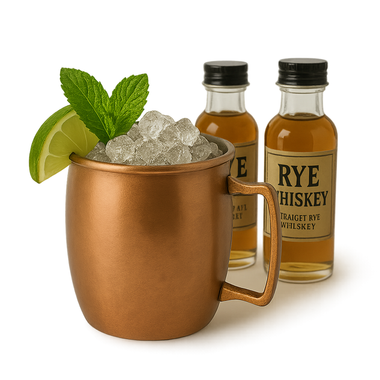 Copper mug with Rye Mule cocktail, lime, mint, and rye whiskey bottles.
