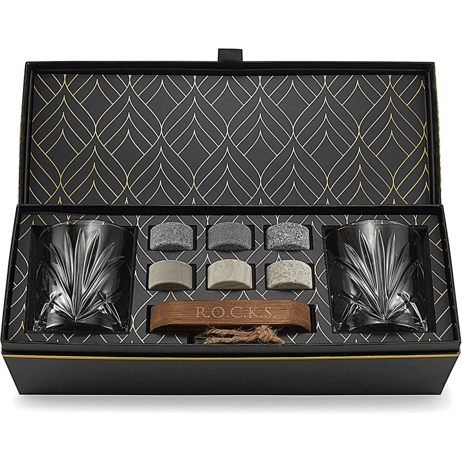 Elegant whiskey gift set with crystal glasses and chilling stones.