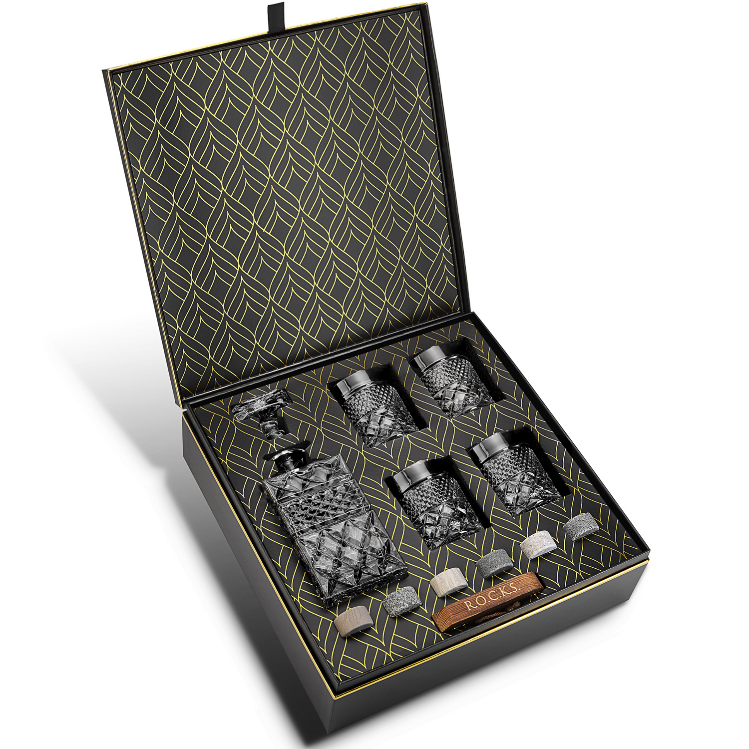 Luxury corporate whiskey gift set with crystal decanter and glasses.