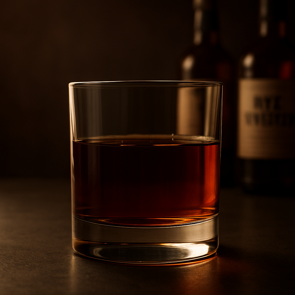 Glass of full-bodied rye whiskey with bottles in background