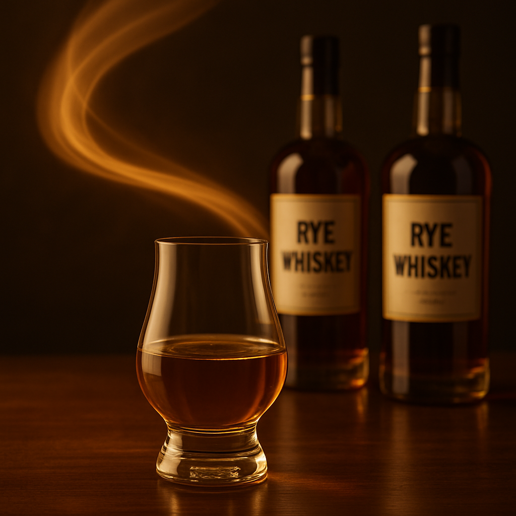 Premium rye whiskey with long finish in glass and bottles on wood table.