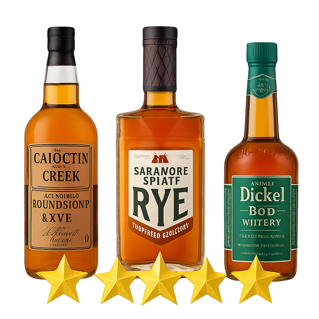 Best value rye whiskey bottles with five-star rating display.
