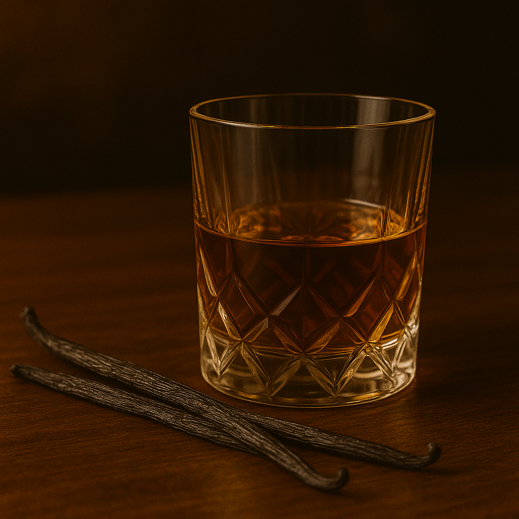 Crystal glass of vanilla-forward rye whiskey with vanilla beans.