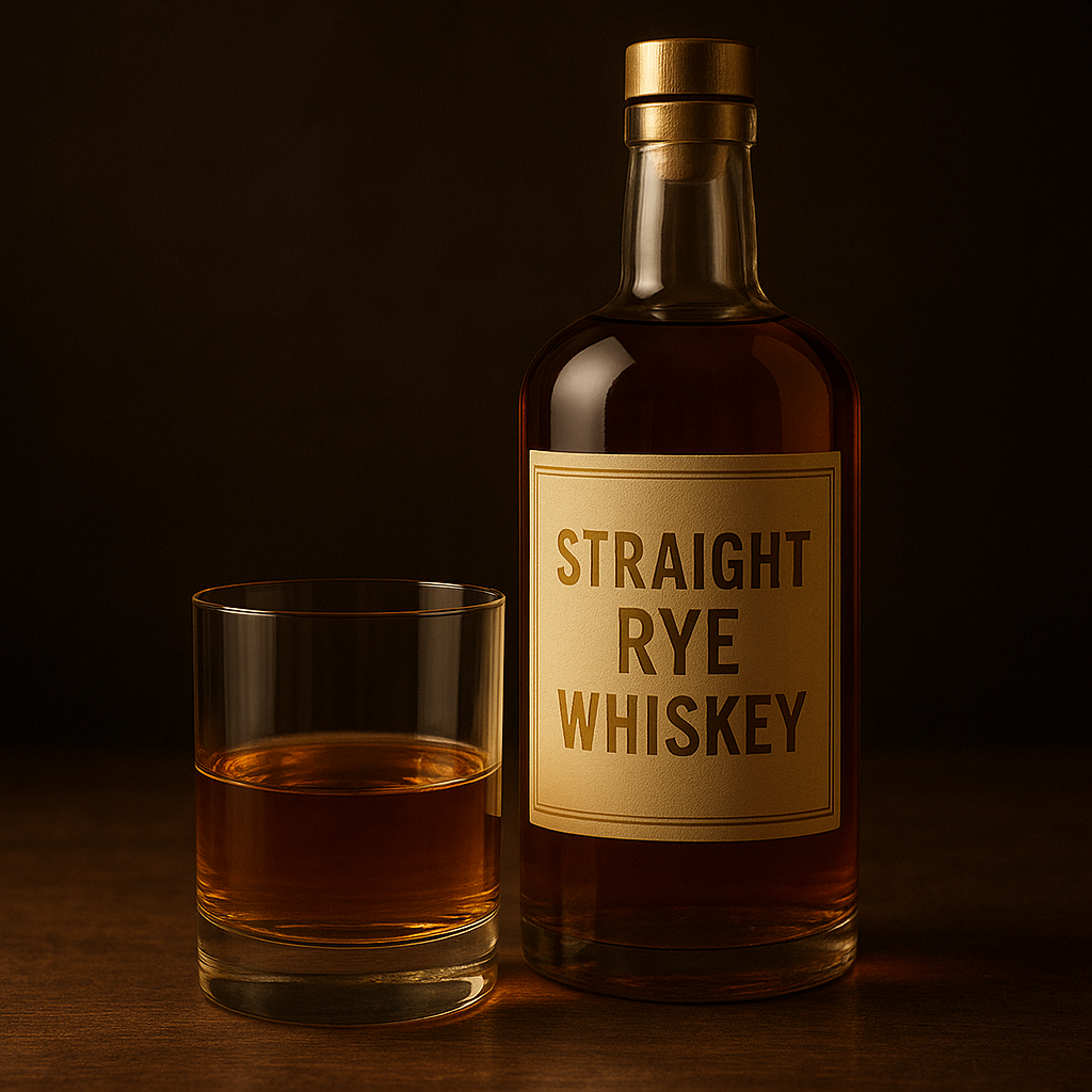 Premium bottle of straight rye whiskey with glass on wooden table