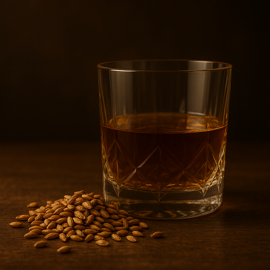 Premium rye malt whiskey in crystal glass with malted rye grains.
