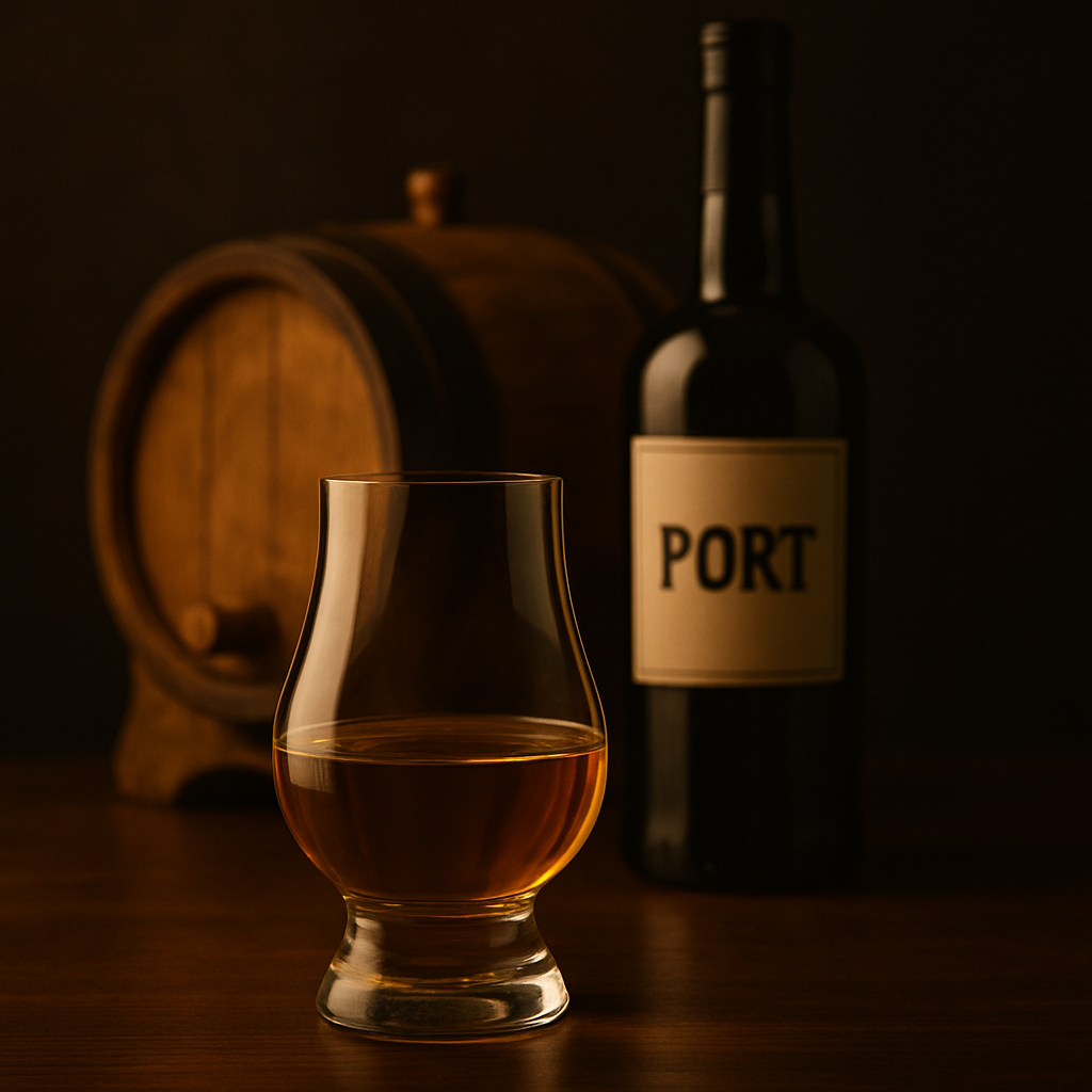 Premium finished rye whiskey with port barrel and bottle display.