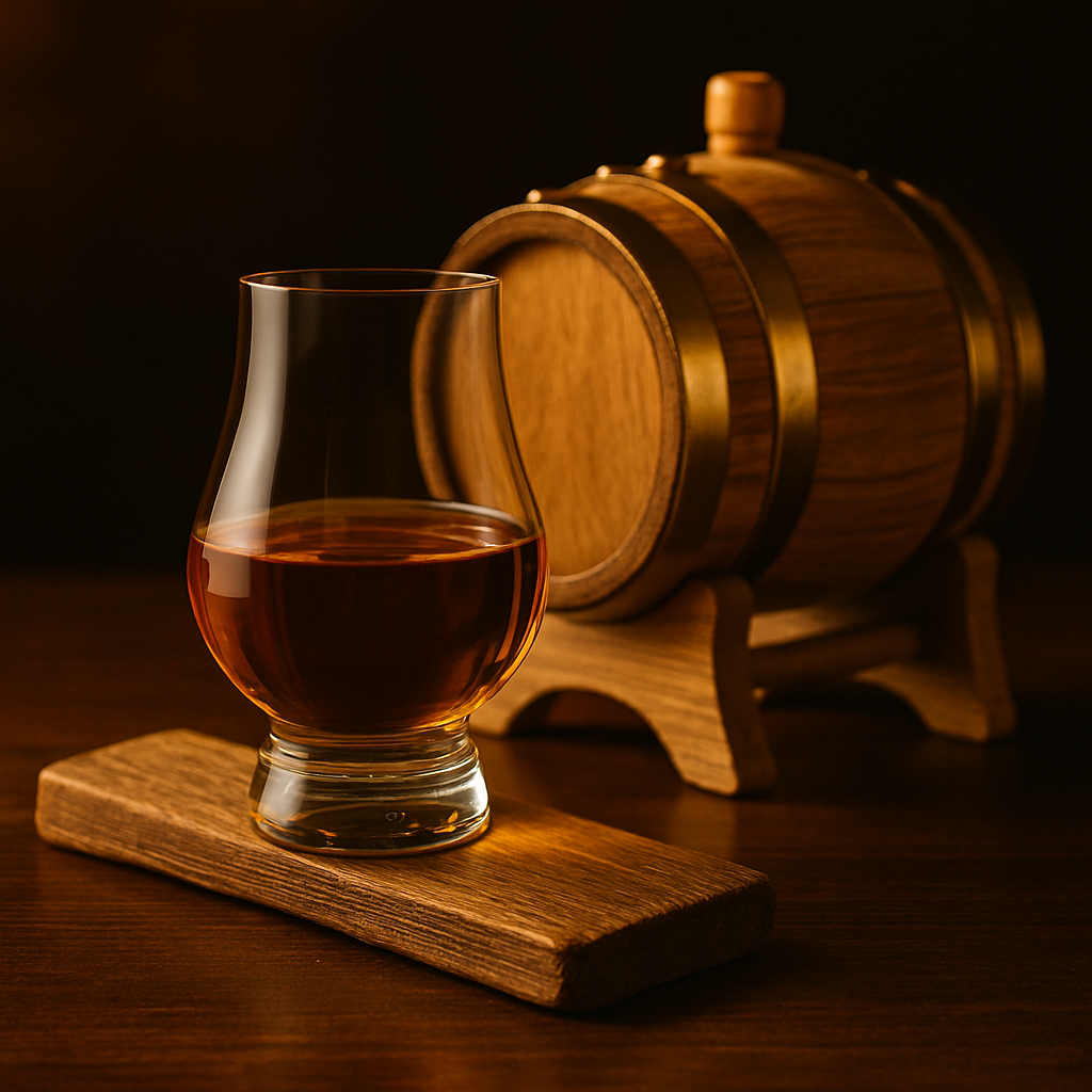 Premium oak-forward rye whiskey in glass with mini oak barrel.