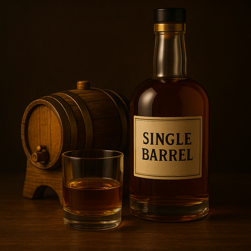 Premium single barrel rye whiskey with glass and mini oak barrel.
