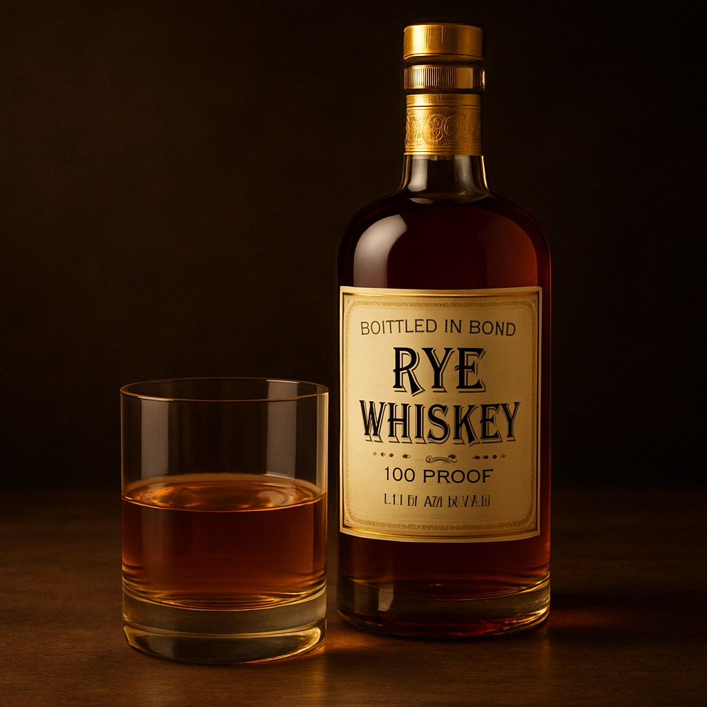 Premium Bottled in Bond rye whiskey with glass, 100 proof label