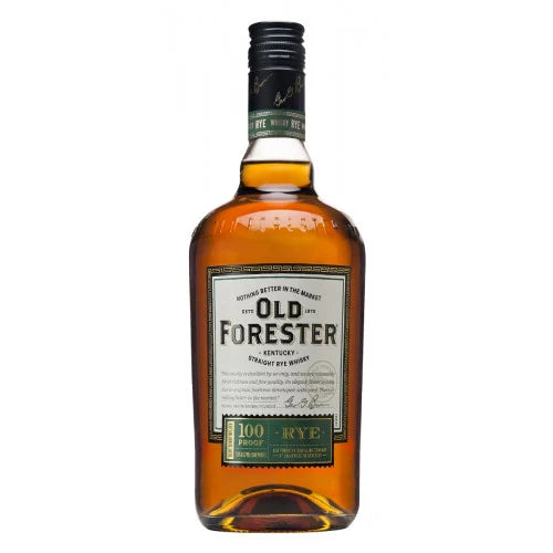 This is a bottle of Old Forester Kentucky Straight Rye Whiskey. It is labeled as 100 proof, indicating it contains 50% alcohol by volume. The bottle features a green and gold label with the brand's signature design, emphasizing its heritage and quality.