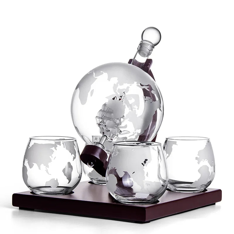 Fancy Globe Whiskey Decanter Set with Wood Stand