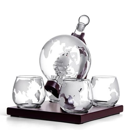 Fancy Globe Whiskey Decanter Set with Wood Stand