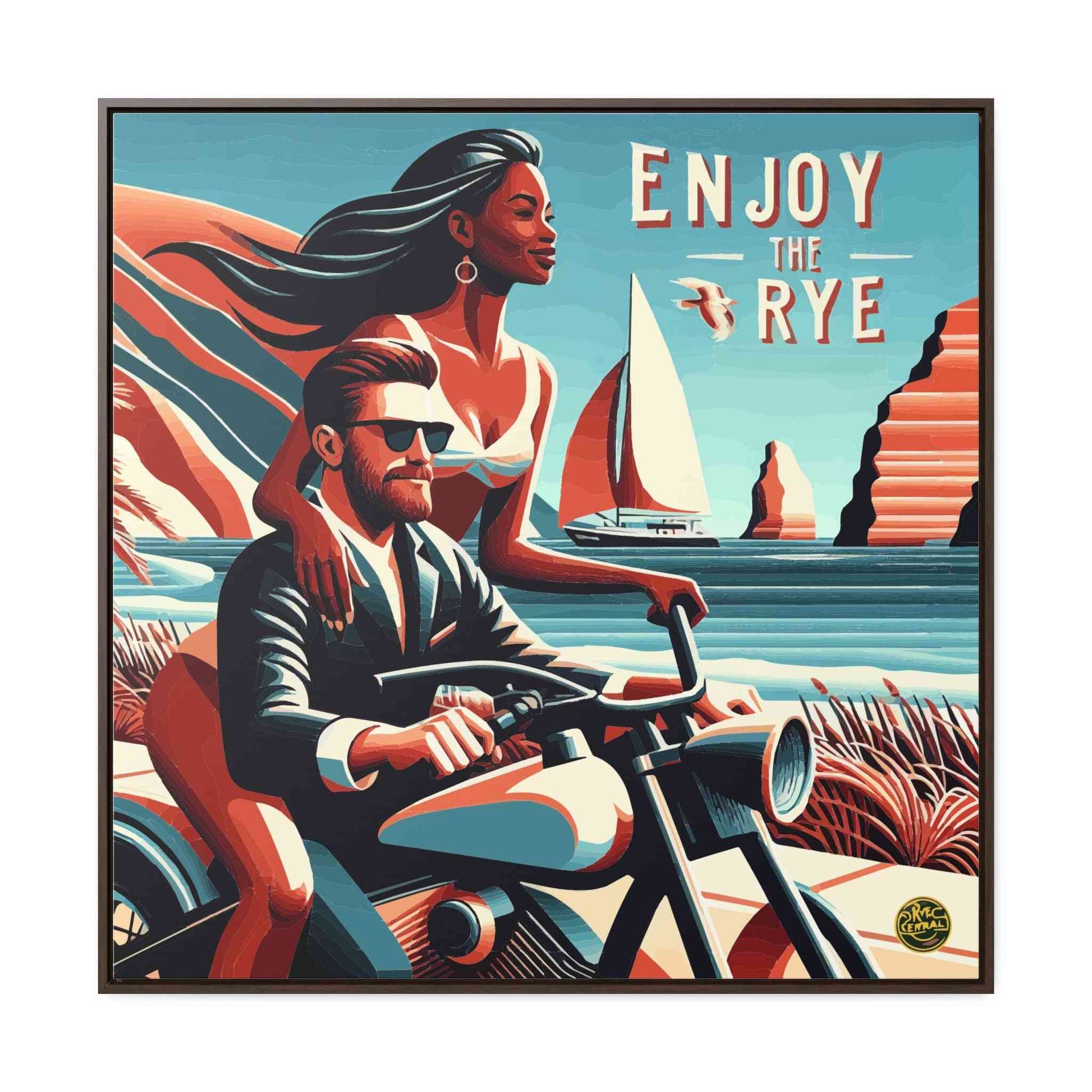 Whiskey Canvas Art Enjoy The Rye featuring a couple on a motorcycle with ocean cliffs, perfect for modern home decor.