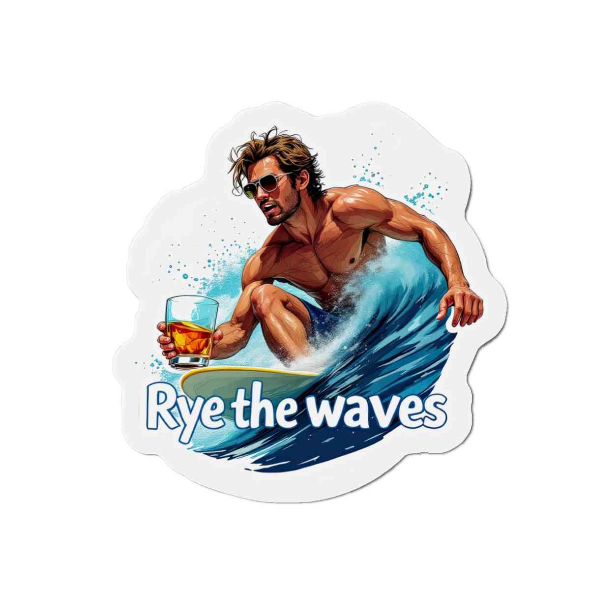 Fun surf-style whiskey magnet with a surfer holding a rye whiskey glass, ideal for adding personality to kitchen appliances or collections.