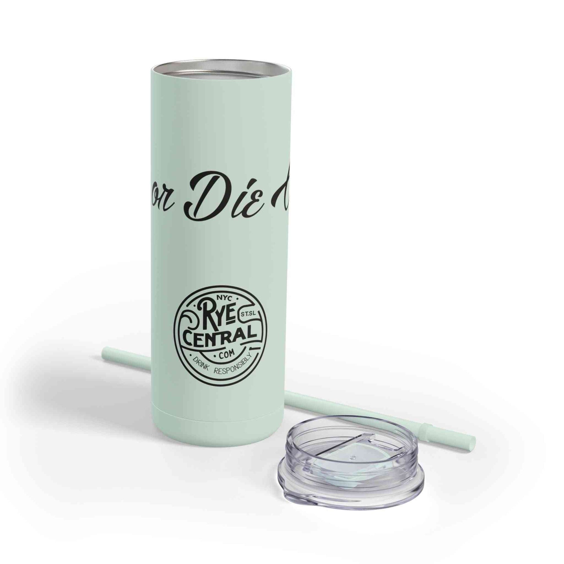 Mint green whiskey tumbler with lid and straw, labeled 'Rye or Die Chick,' perfect for gifting your girlfriend.