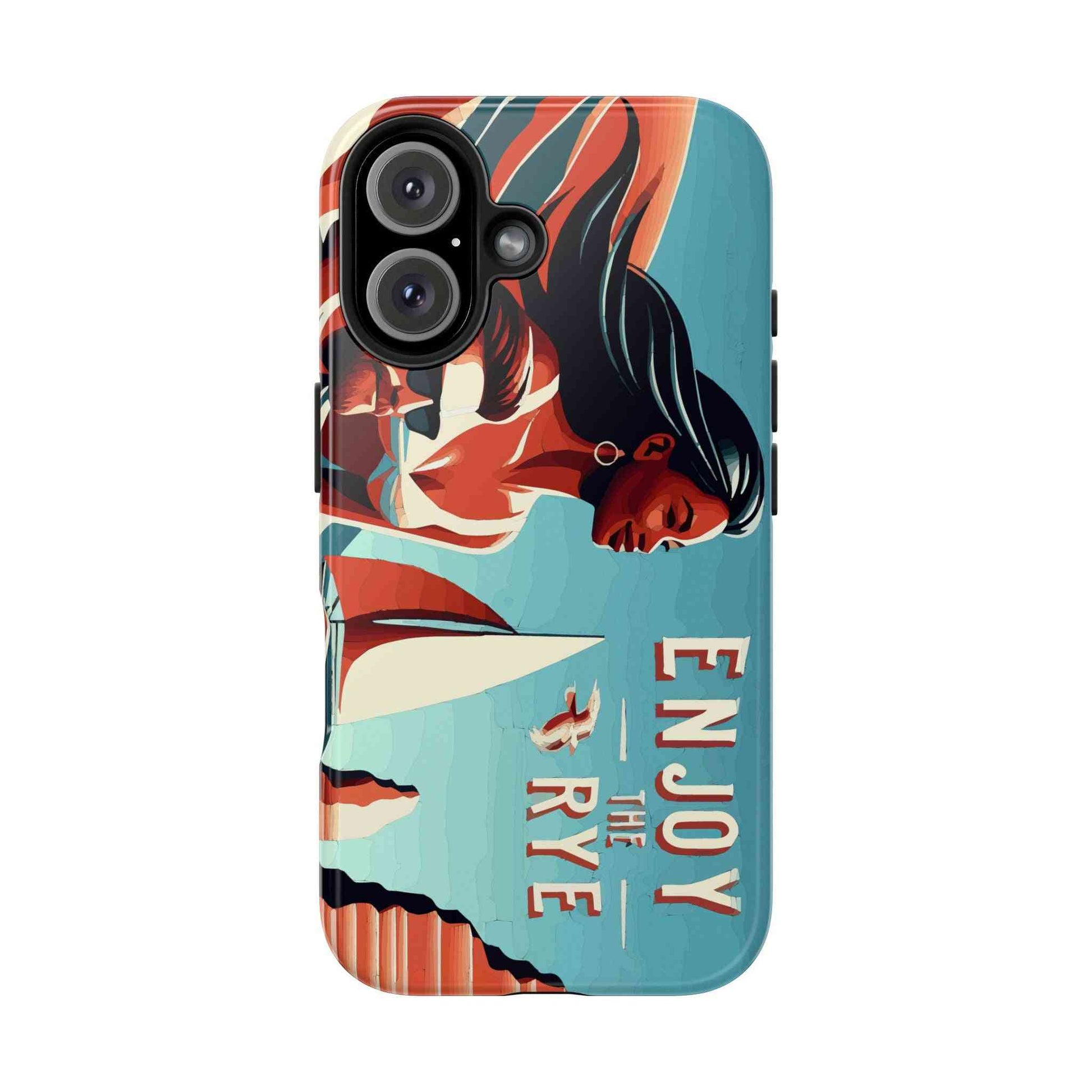 Whiskey-themed phone case with bold 'Enjoy the Rye' design and sailing woman, offering strong protection and visual appeal.