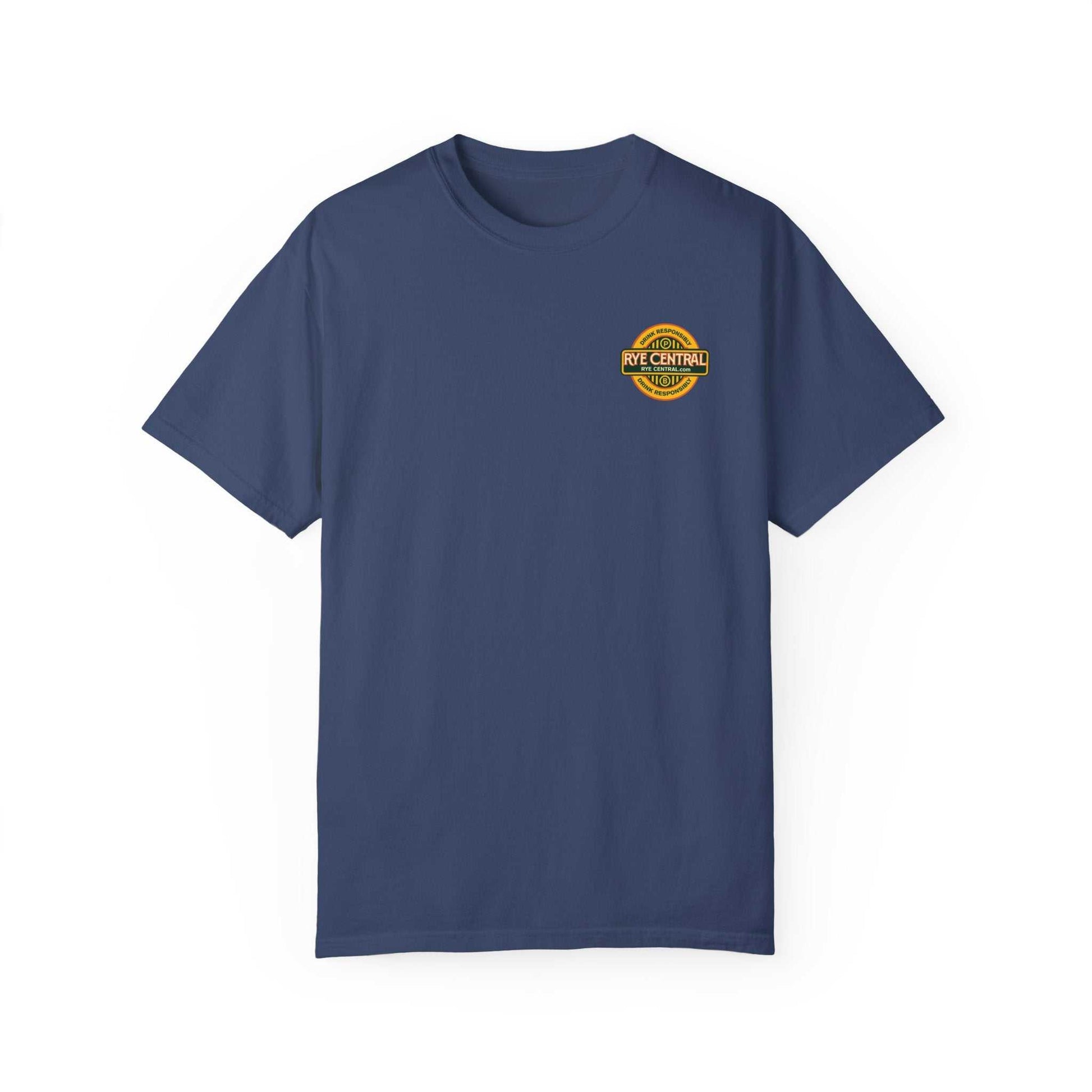 Back of navy blue women's whiskey shirt with 'Rye or Die Chick' slogan and biker illustration, ideal for whiskey fans.