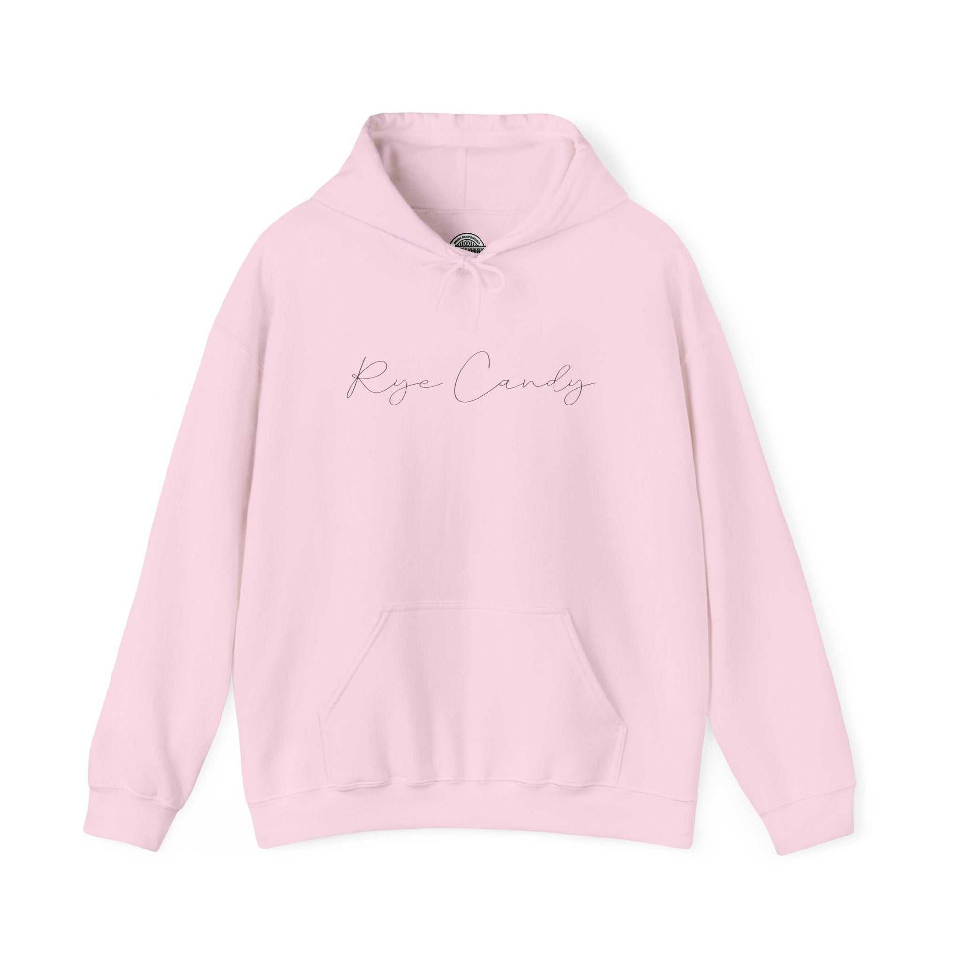 Pink Graphic Whiskey Hooded Sweatshirt with 'Rye Candy' script, ideal for women who love whiskey and cute, cozy fashion.