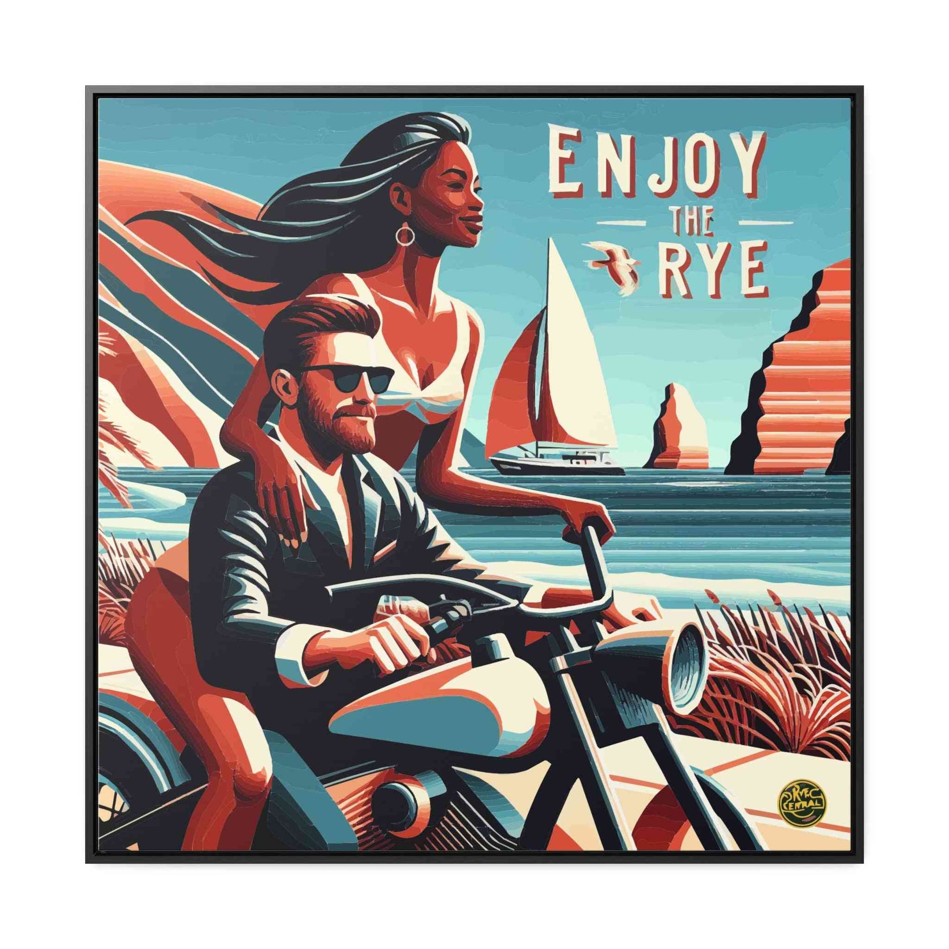 Enjoy The Rye Whiskey Canvas Art with a retro couple by the sea, a bold and stylish addition to whiskey-themed wall decor.