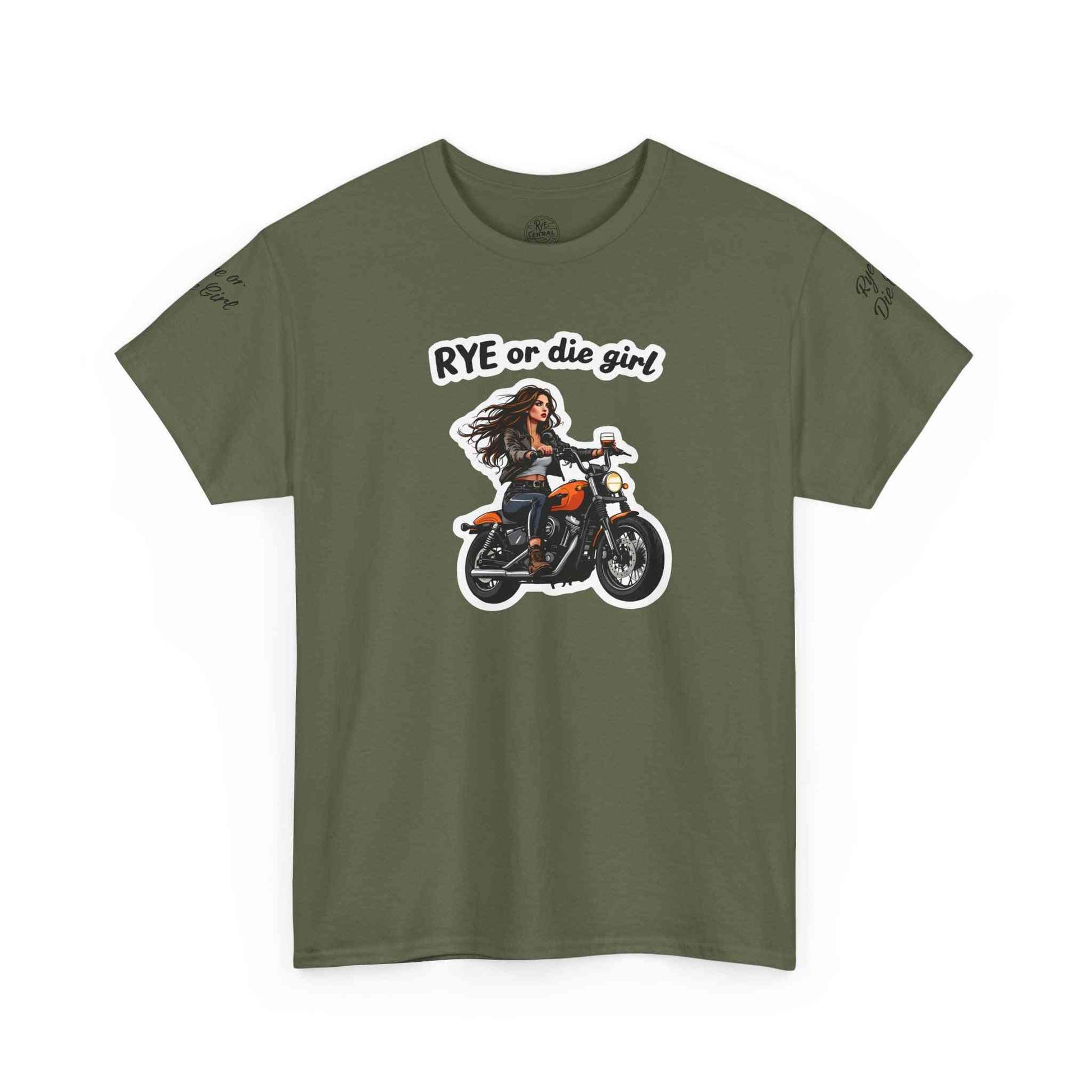 Dark green funny whiskey shirt with 'Rye or Die Girl' design, featuring a biker girl for bold whiskey fans and unique fashion lovers.