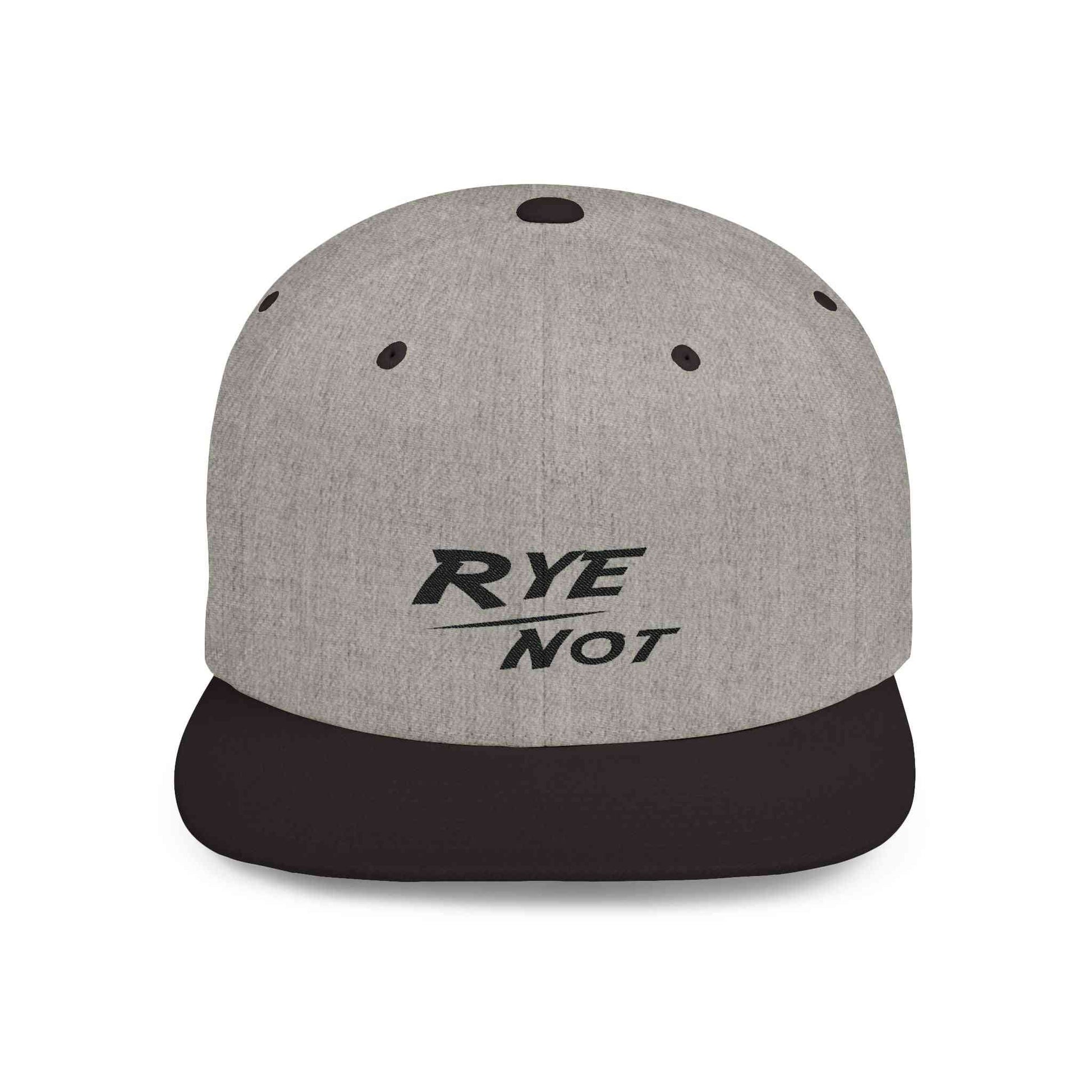 Gray Whiskey Flat Bill Dad Cap with black brim and 'RYE NOT' embroidered text, a trendy gift for whiskey enthusiasts.
