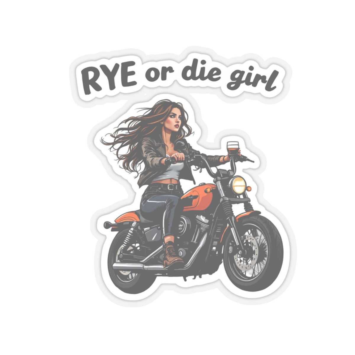 Artistic Ride or Die Sticker with a female biker and whiskey glass, ideal for decorating notebooks, laptops, or creative projects.